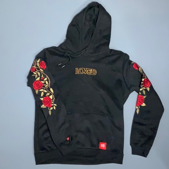 LOVED Black hoodie w/ embroidery flowers on sleeves women size large - Picture 1 of 7